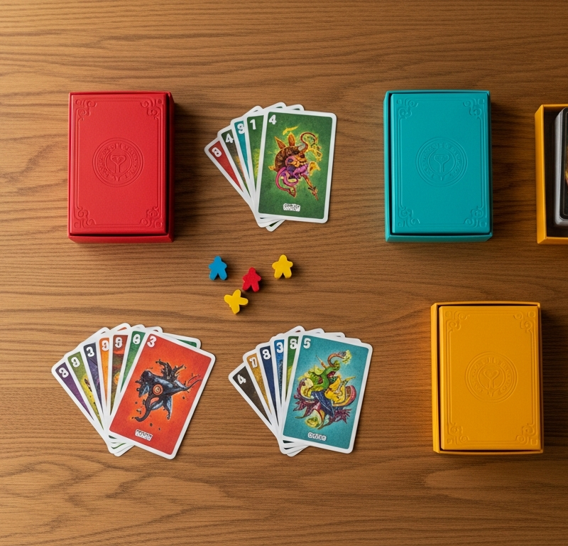 Best board games under $30 — flat-lay of colorful card game boxes and meeples on a wood table
