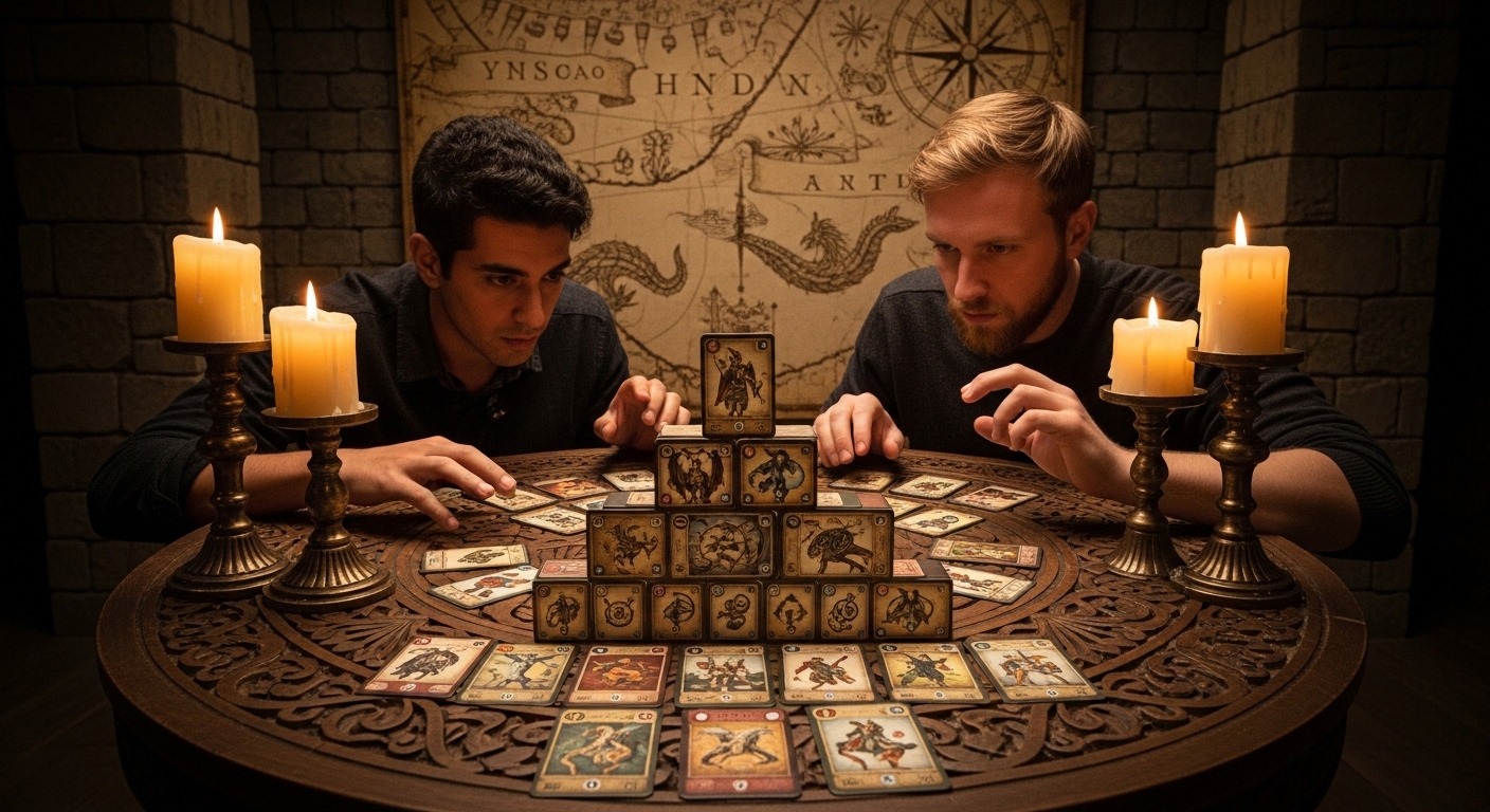 Two players facing off over 7 Wonders Duel by candlelight