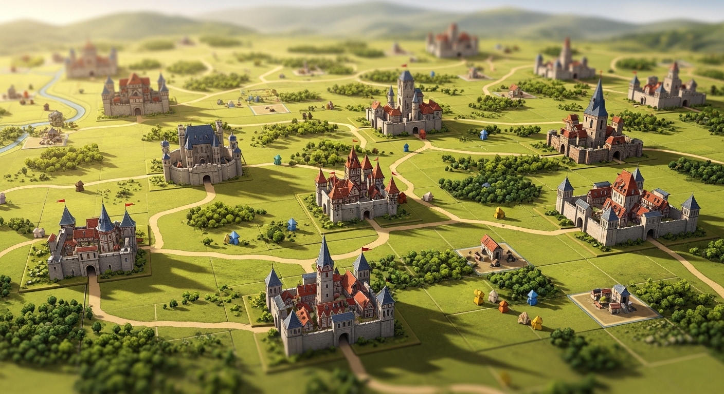 A Carcassonne landscape of cities, roads and fields