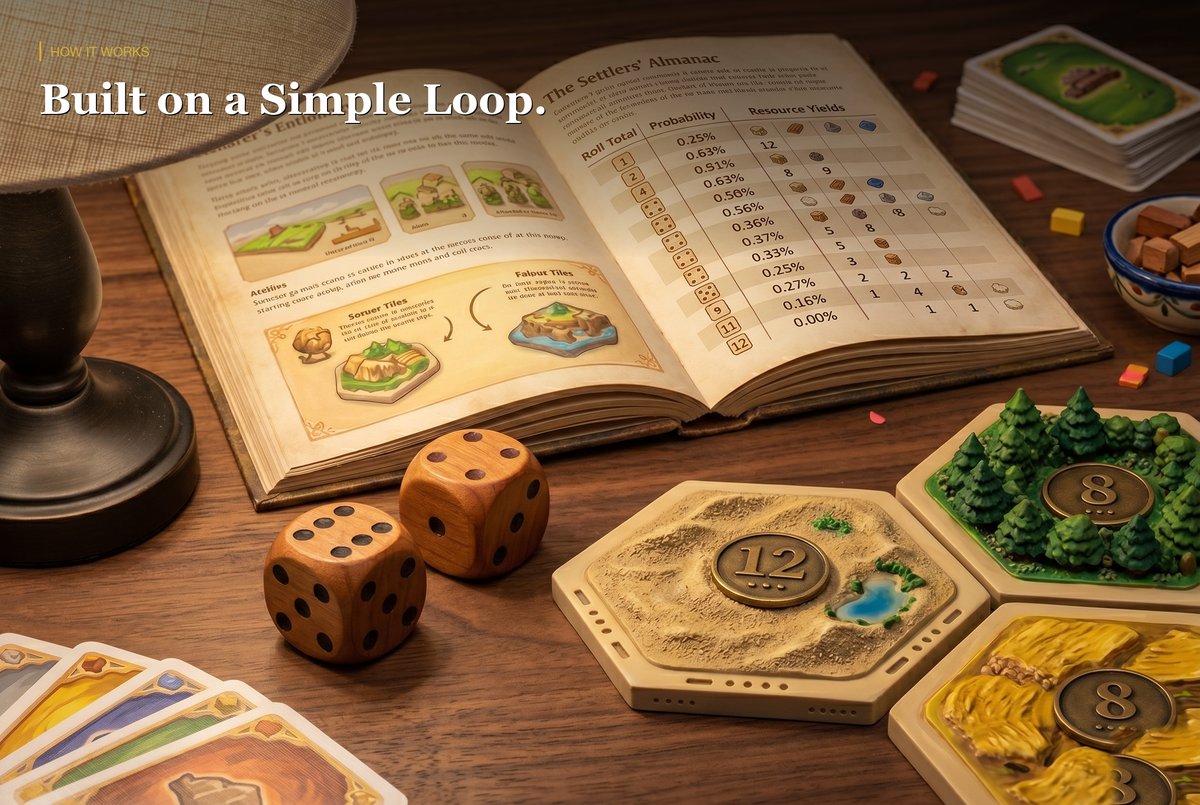 Catan rulebook, dice, and resource hex tiles on a wooden table