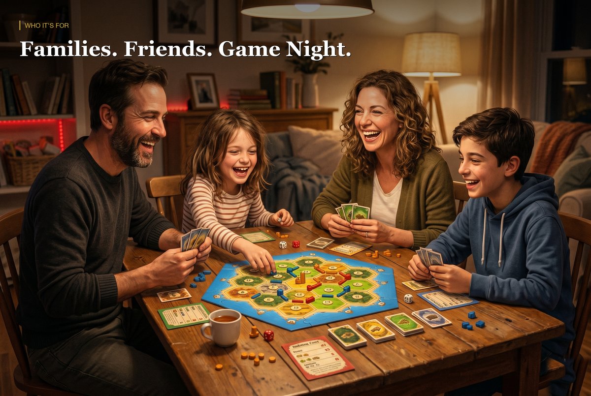 Family of four laughing around a Catan board on game night