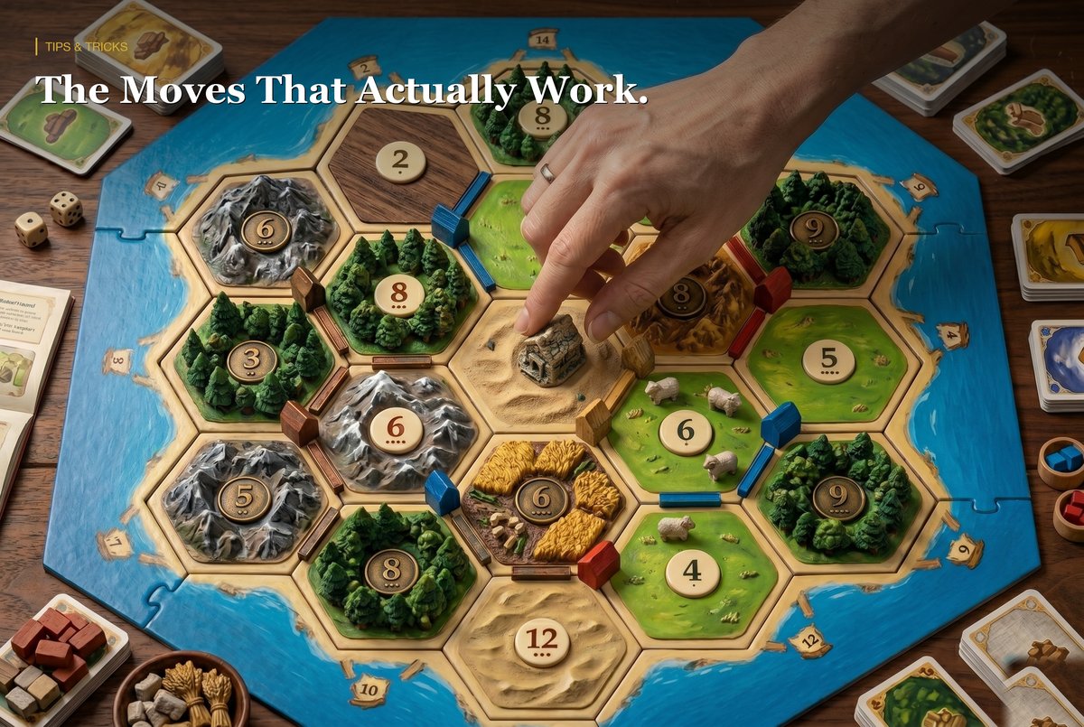 Overhead view of Catan board with a hand pointing at a key settlement intersection