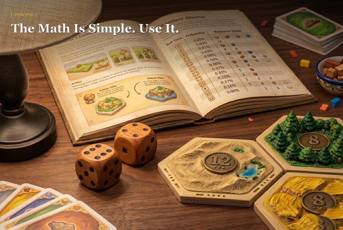 Catan probability almanac with dice and resource hex tiles