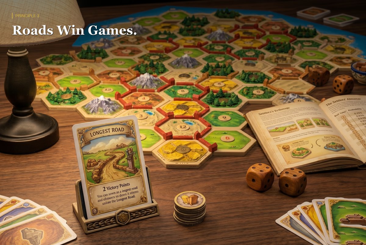 Catan Longest Road card displayed in front of a full game board