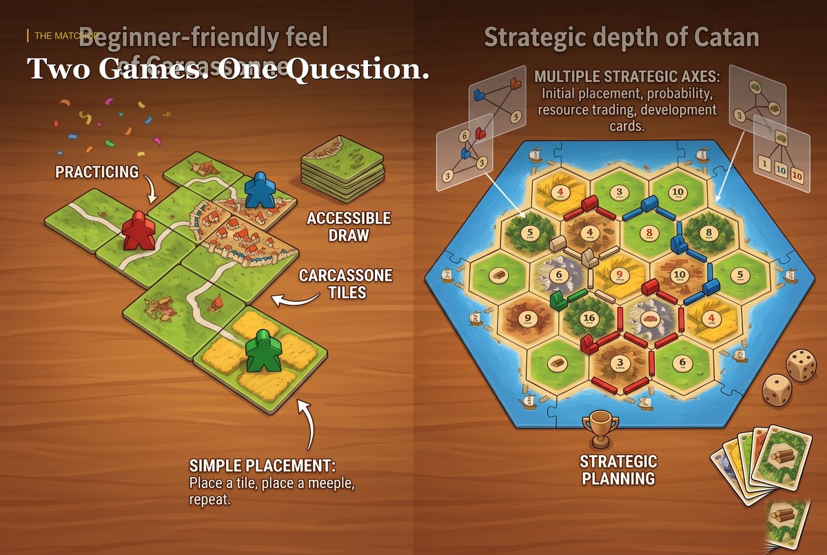 Carcassonne beginner-friendly tile placement vs Catan's multiple strategic axes