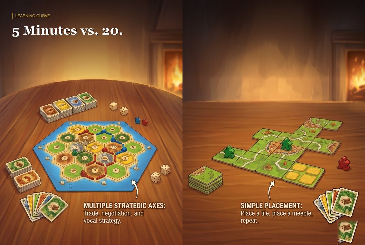 Catan's complex resource board vs Carcassonne's simple tile layout side by side