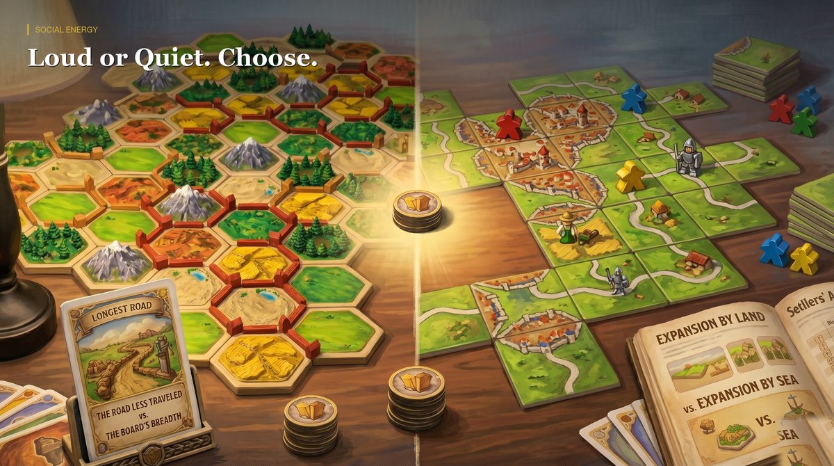 Catan full board with Longest Road card vs Carcassonne expanding tile map comparison