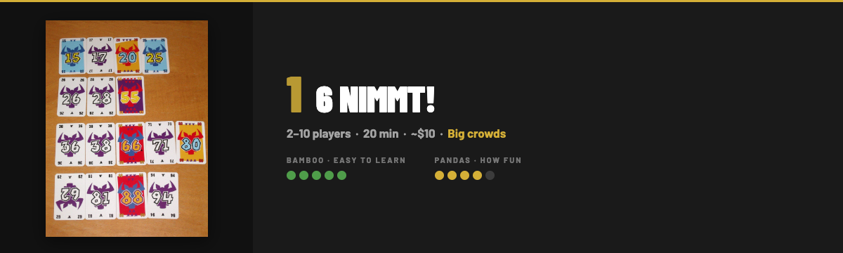6 Nimmt! card game with King Panda Games Bamboo and Pandas ratings, player count and play time