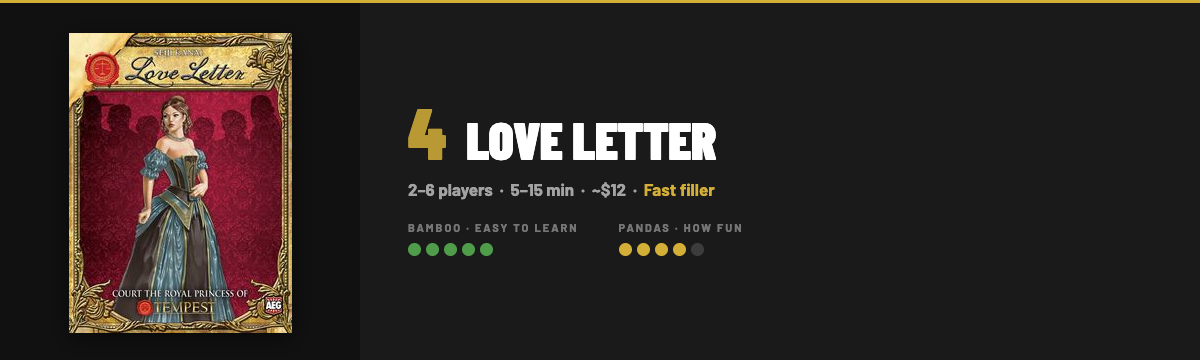 Love Letter card game with King Panda Games Bamboo and Pandas ratings, player count and play time