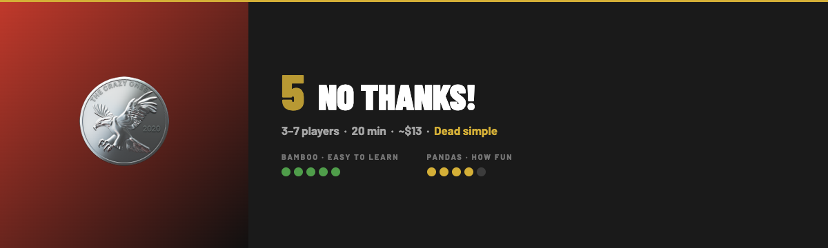 No Thanks! card game with King Panda Games Bamboo and Pandas ratings, player count and play time