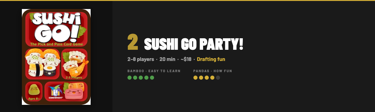 Sushi Go Party! card game with King Panda Games Bamboo and Pandas ratings, player count and play time