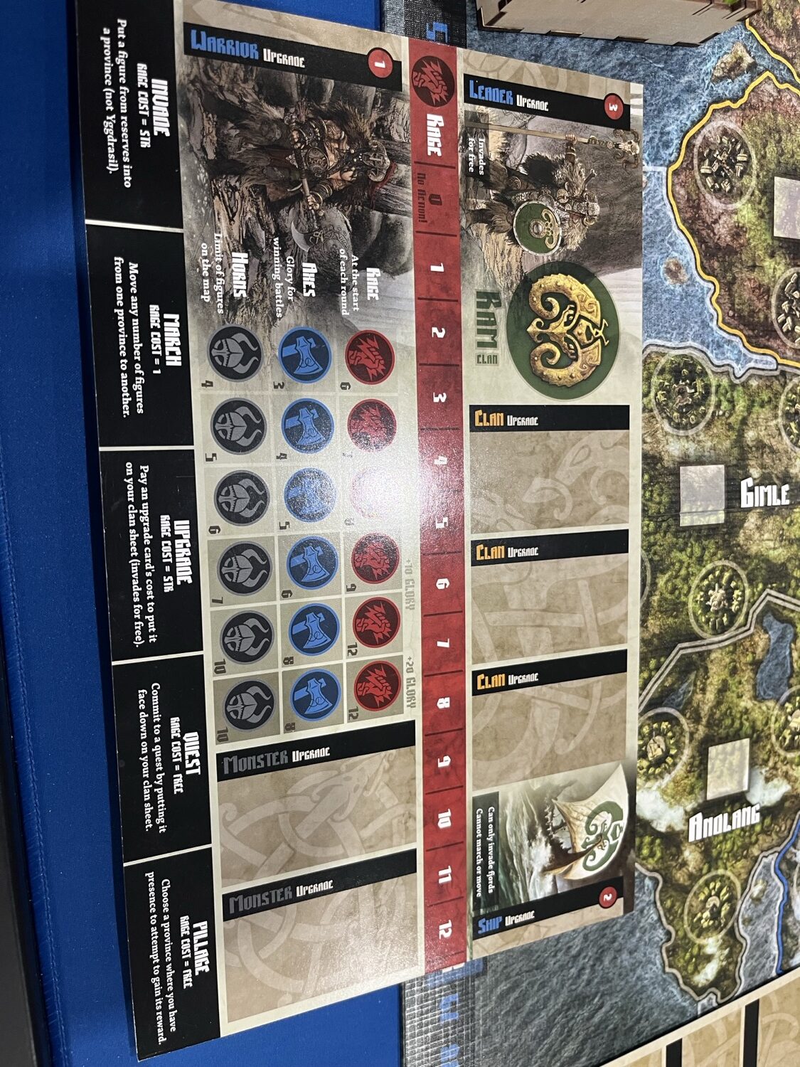 A Blood Rage clan sheet showing the red Rage track across the middle and the Rage, Axes, and Horns stat tracks below