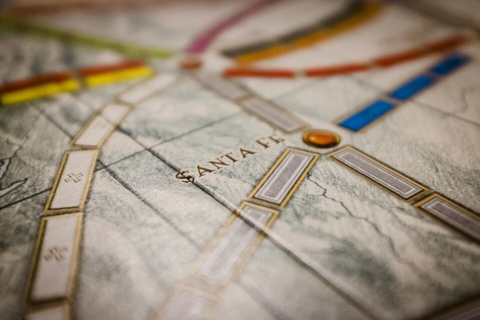 Close-up of train routes on the Ticket to Ride board