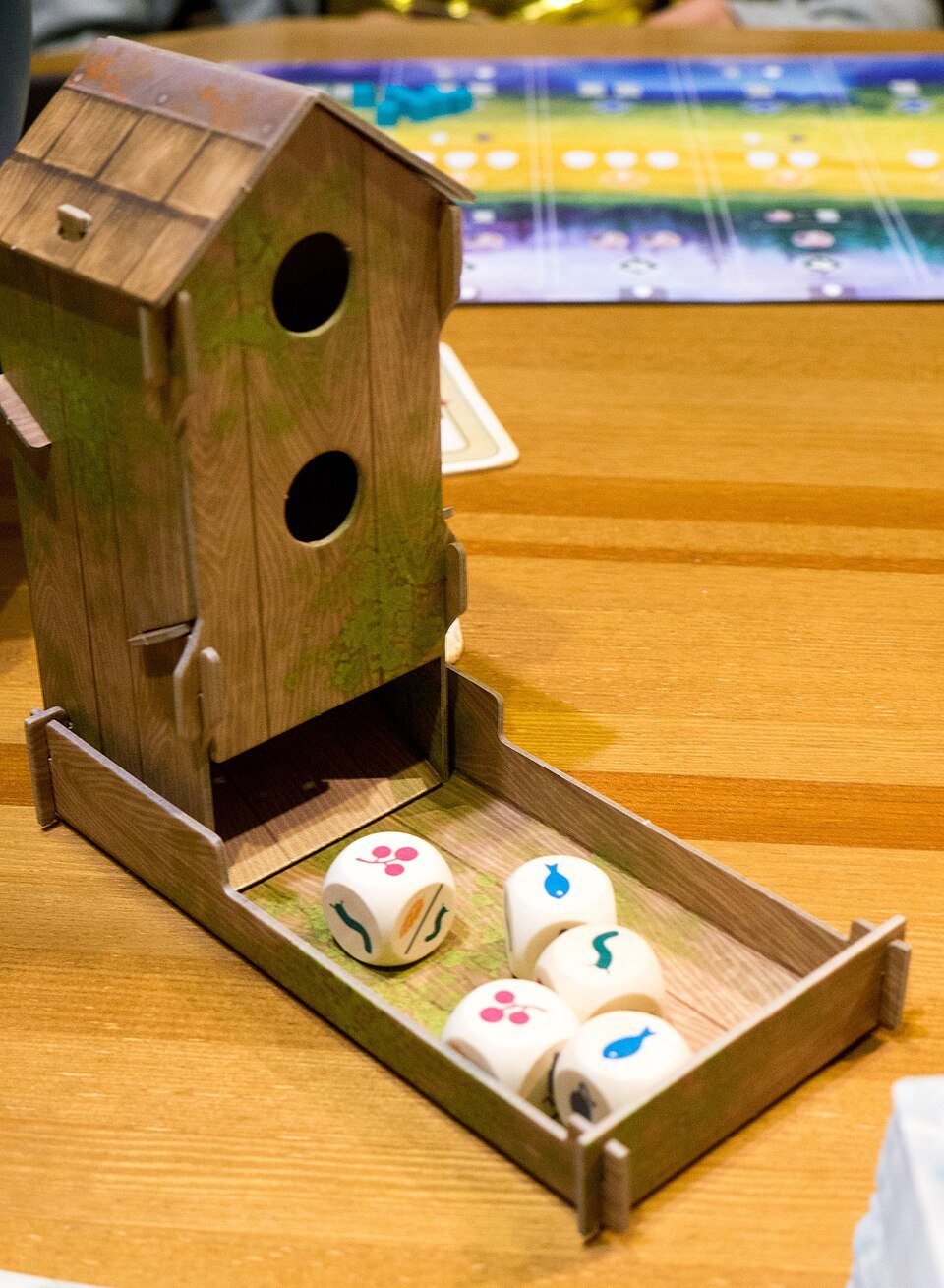 Wingspan in play with the birdfeeder dice tower