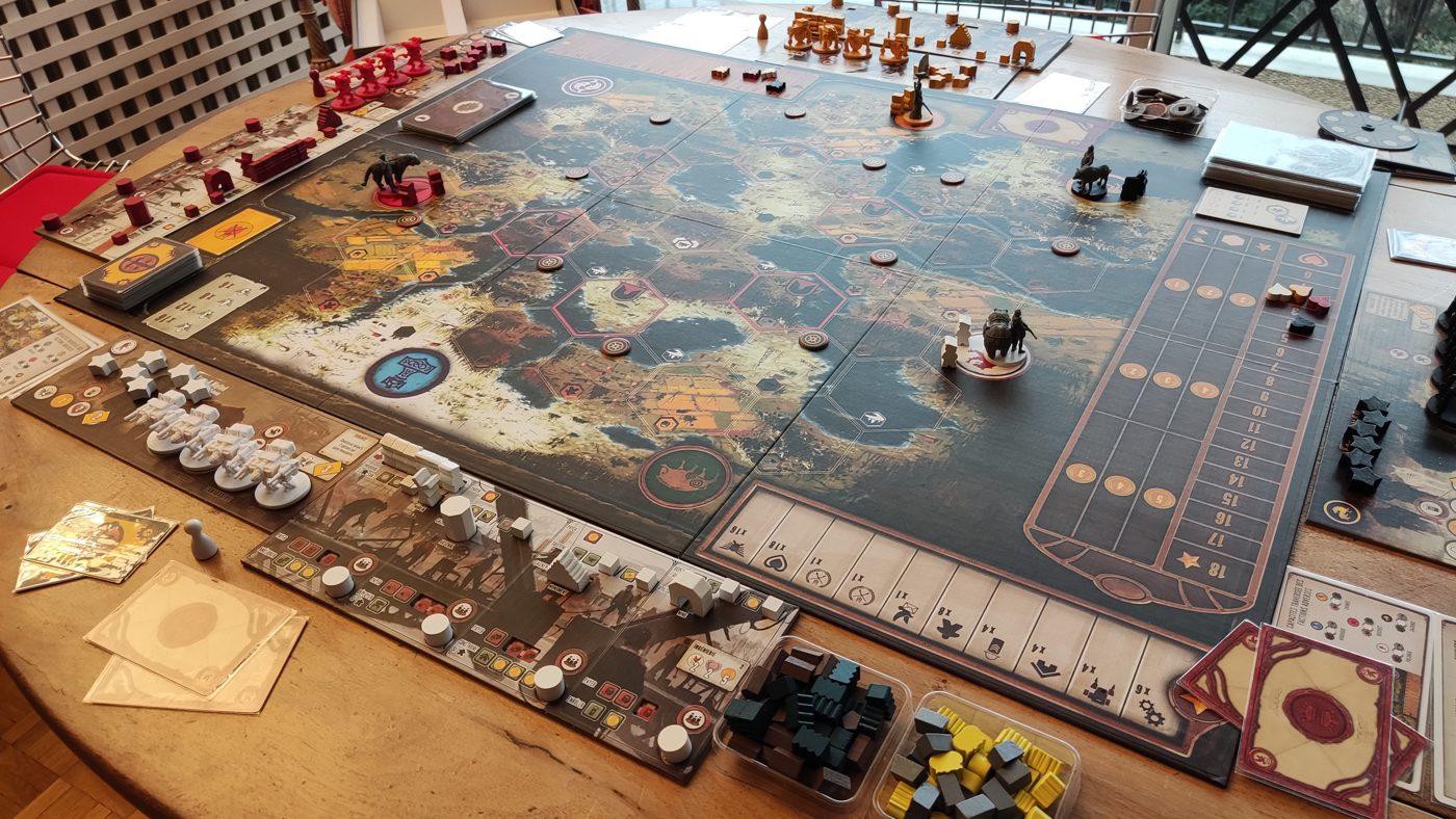 Scythe set up on the table, factions ready