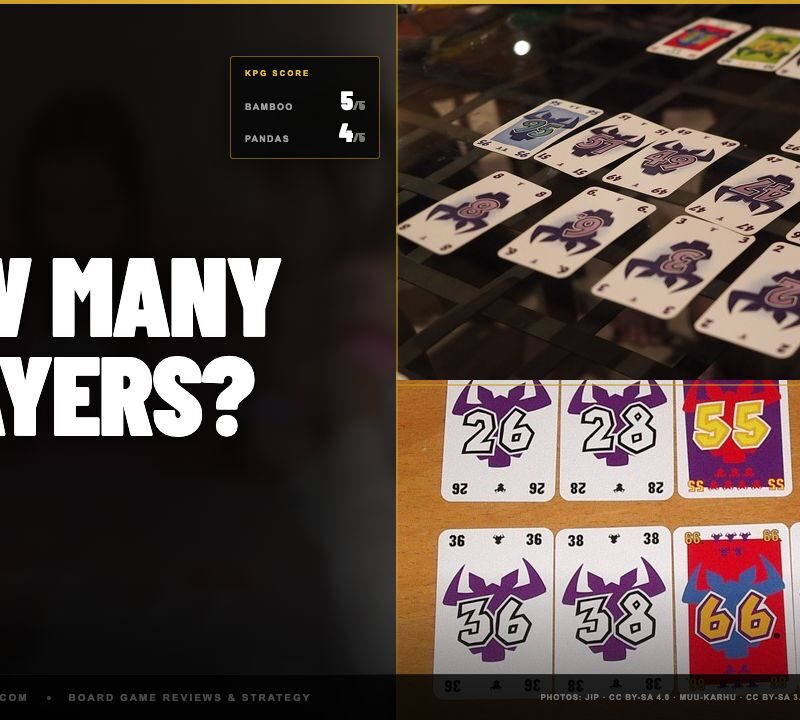 rows of cards mid-game on a dark table; flat top-down of four rows of numbered bull-head cards - the game's core layout. KPG scores: Bamboo 5 of 5, Pandas 4 of 5