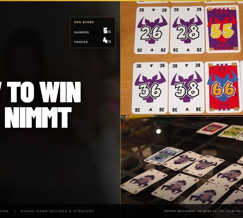 flat top-down of four rows of numbered bull-head cards - the game's core layout; rows of cards mid-game on a dark table. KPG scores: Bamboo 5 of 5, Pandas 4 of 5