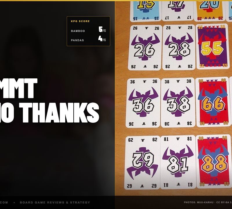 flat top-down of four rows of numbered bull-head cards - the game's core layout. KPG scores: Bamboo 5 of 5, Pandas 4 of 5