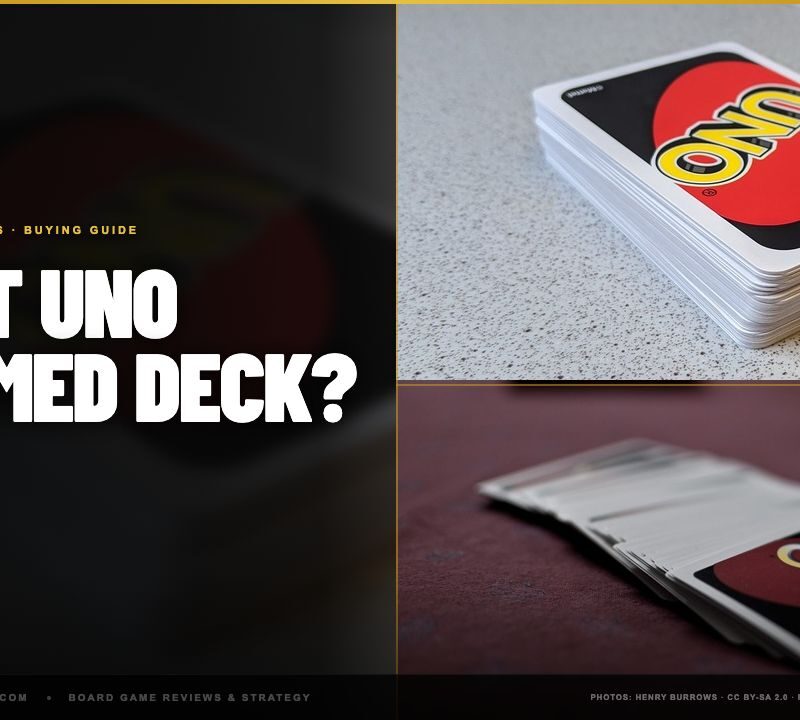 Uno cards photographed on a table, header image for the best Uno themed decks guide
