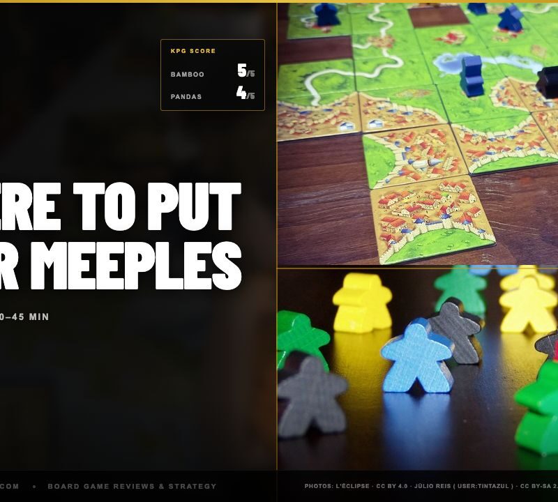 close angled view of a tile layout with yellow meeples and the river expansion; row of coloured meeples in dramatic side light. KPG scores: Bamboo 5 of 5, Pandas 4 of 5
