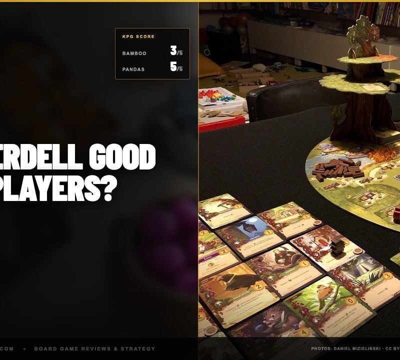 the Ever Tree standing over a full table of card tableaus. KPG scores: Bamboo 3 of 5, Pandas 5 of 5