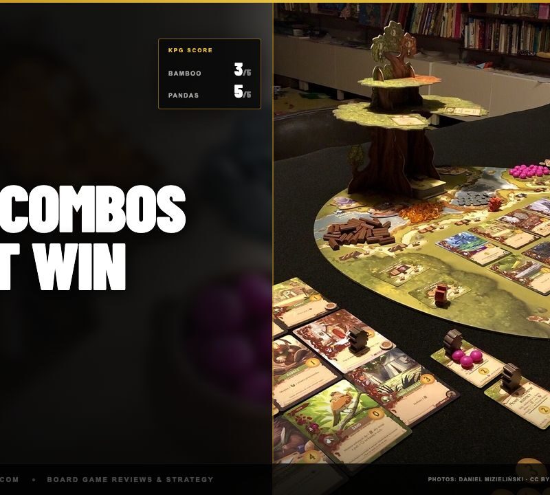 the Ever Tree standing over a full table of card tableaus. KPG scores: Bamboo 3 of 5, Pandas 5 of 5