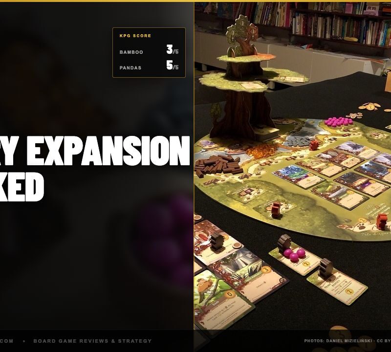 the Ever Tree standing over a full table of card tableaus. KPG scores: Bamboo 3 of 5, Pandas 5 of 5