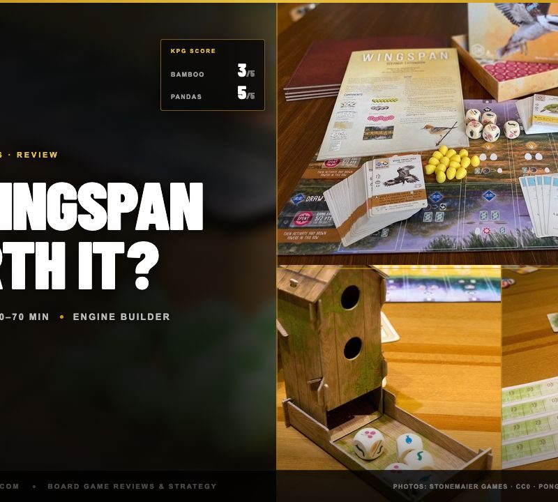 Wingspan box, birdfeeder dice tower and bird cards with KPG scores: Bamboo 3 of 5, Pandas 5 of 5