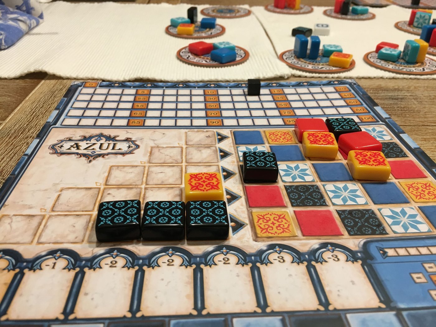 A player's Azul board with the floor line penalties printed along the bottom edge