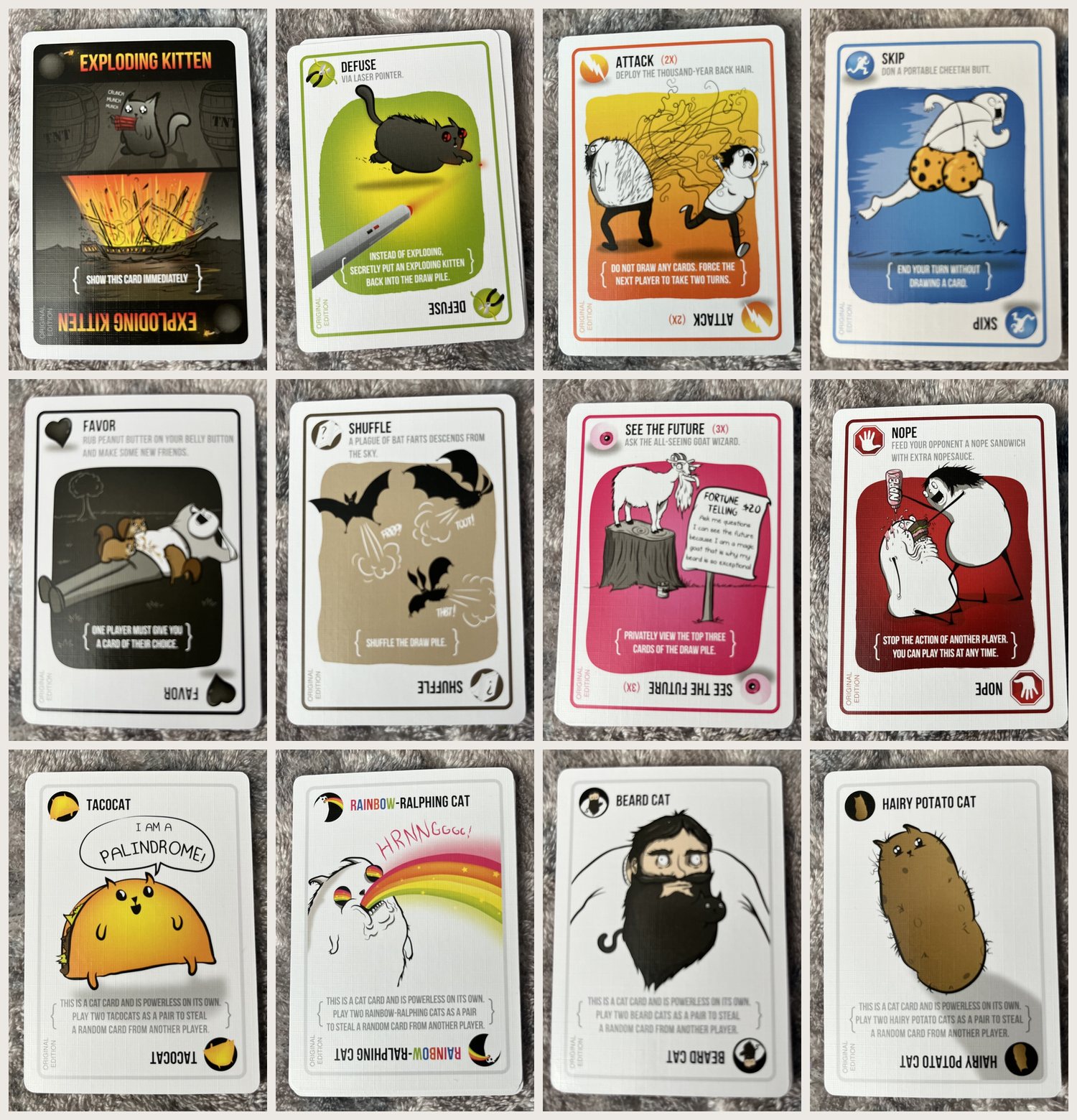 Twelve Exploding Kittens Original Edition cards: Exploding Kitten, Defuse, Attack, Skip, Favor, Shuffle, See the Future, Nope, Tacocat, Rainbow-Ralphing Cat, Beard Cat and Hairy Potato Cat