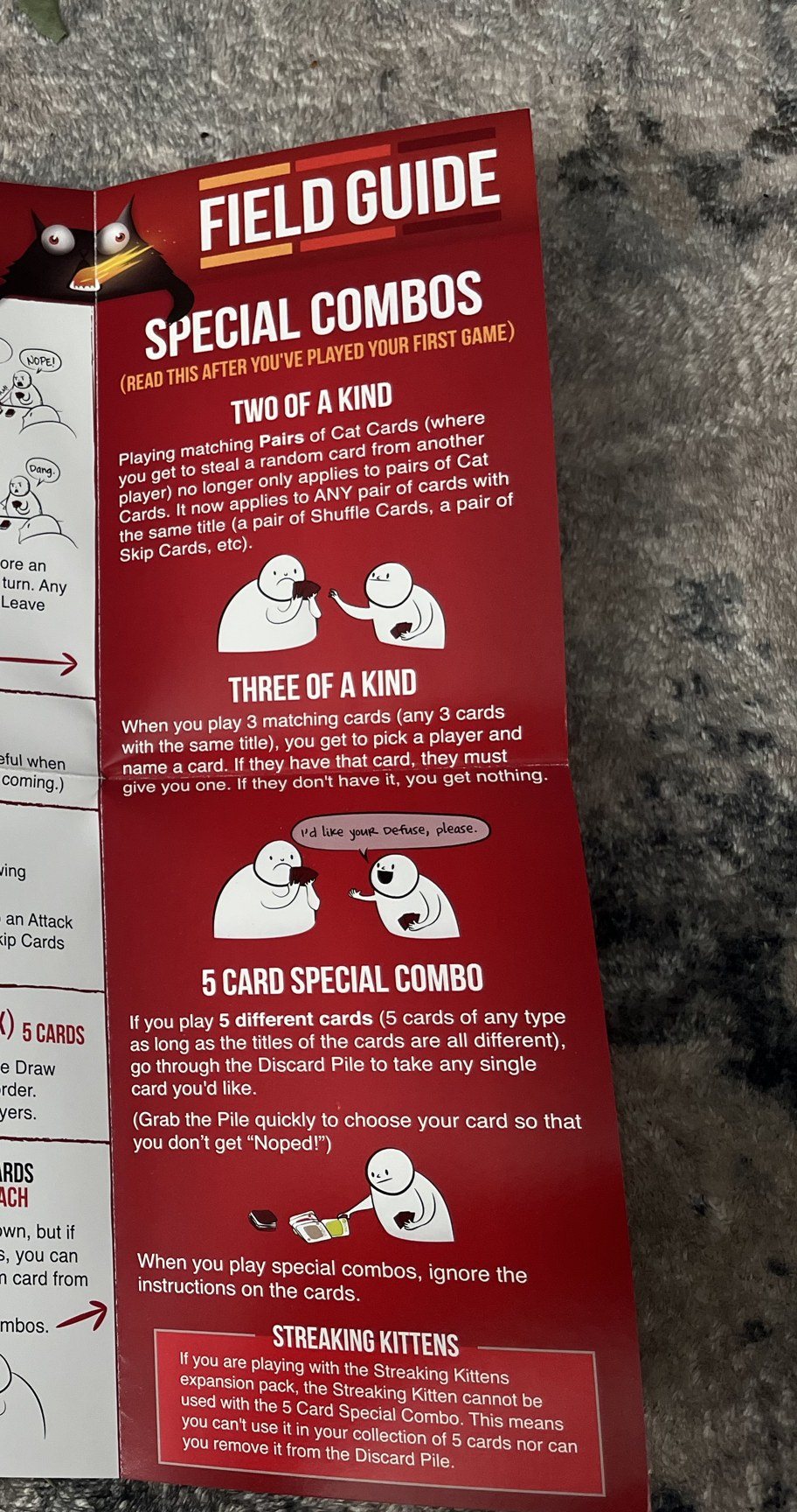 Field Guide panel of a 2020 Exploding Kittens rule sheet listing Two of a Kind, Three of a Kind and the 5 Card Special Combo