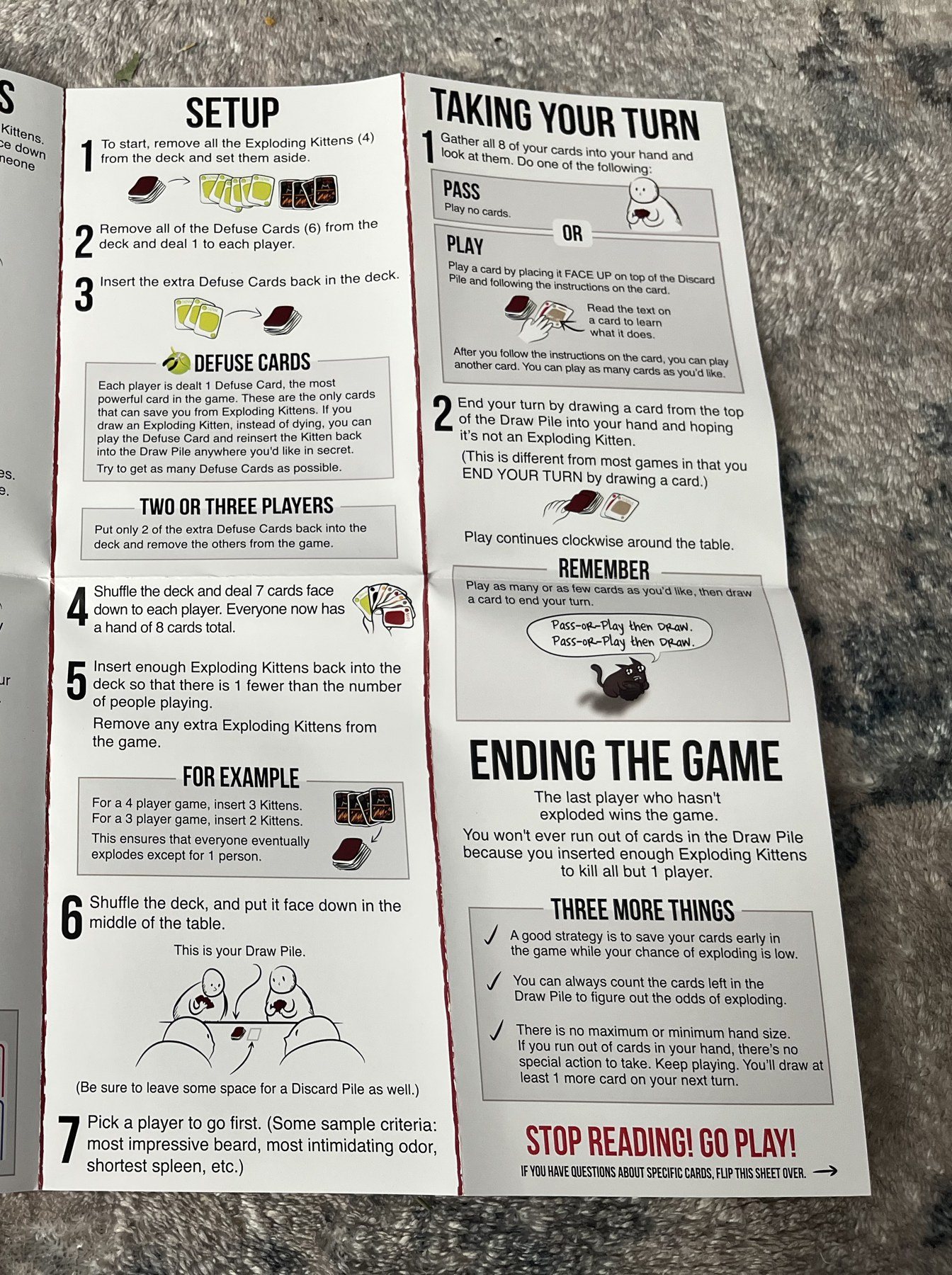 Setup and Taking Your Turn panels of the Exploding Kittens Original Edition rule sheet