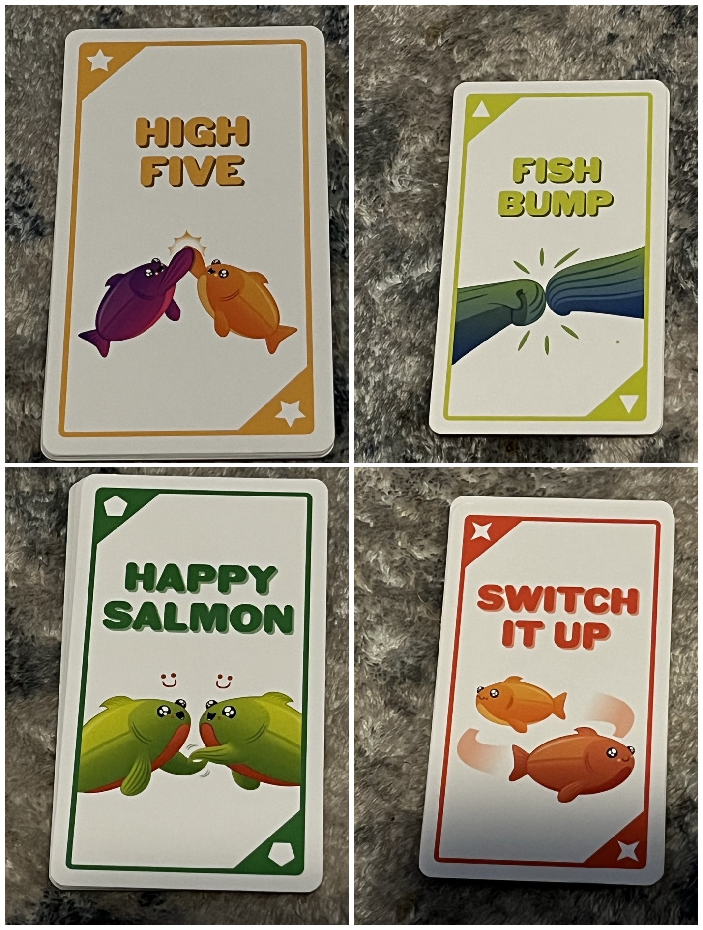 The four Happy Salmon action cards: High Five, Fish Bump, Happy Salmon and Switch It Up