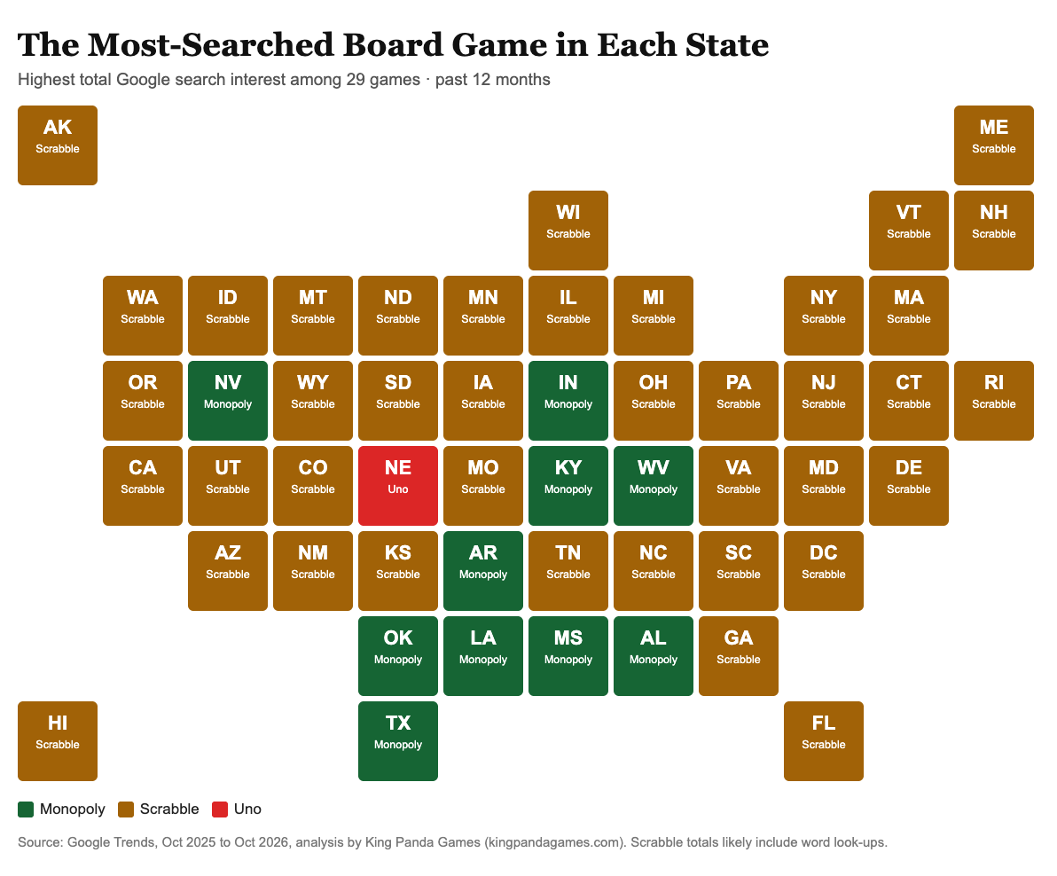 Map of the most-searched board game in each US state