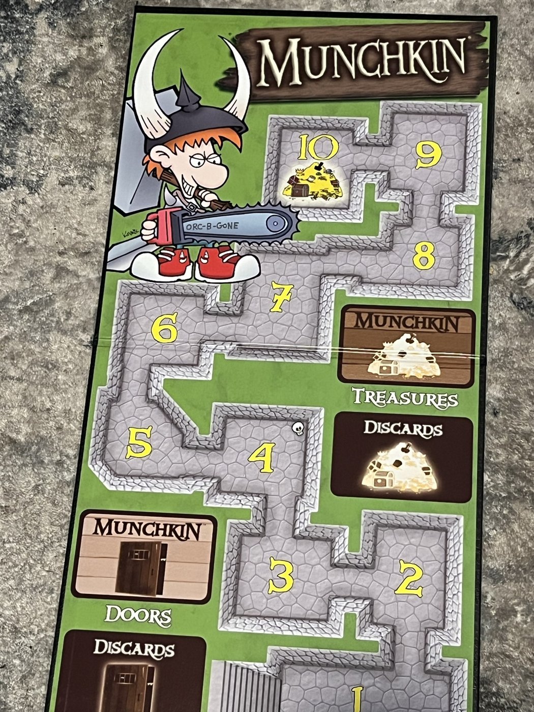 The Munchkin Deluxe gameboard with its numbered level track and spots for each deck
