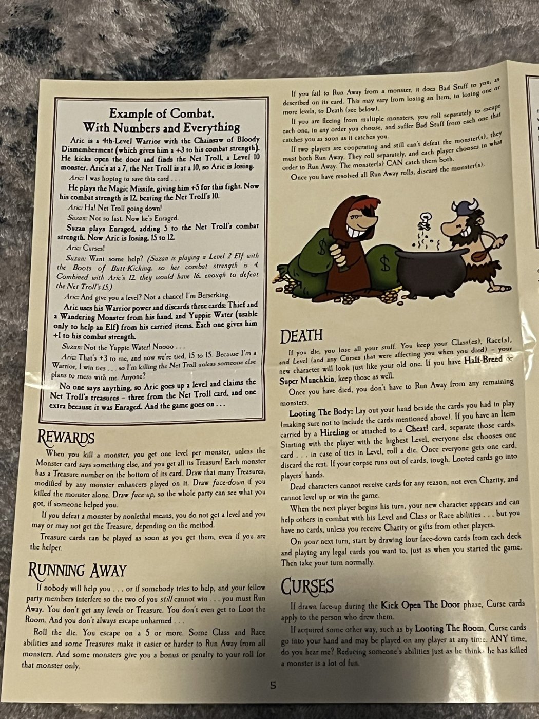 The Munchkin Deluxe rulebook's combat example, where Aric the Warrior fights the Net Troll
