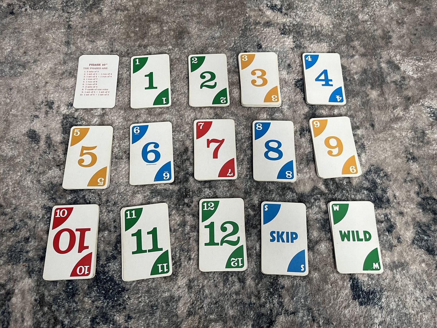 Phase 10 number cards 1 to 12 with a Skip and a Wild laid out in rows