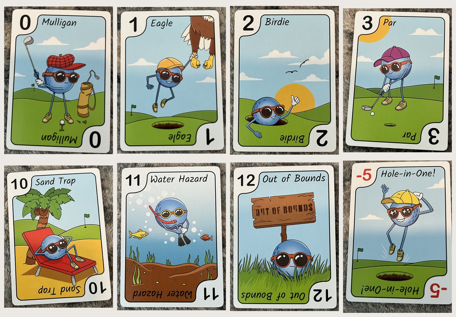 Eight Play Nine cards with golf names: Mulligan 0, Eagle 1, Birdie 2, Par 3, Sand Trap 10, Water Hazard 11, Out of Bounds 12 and Hole-in-One -5
