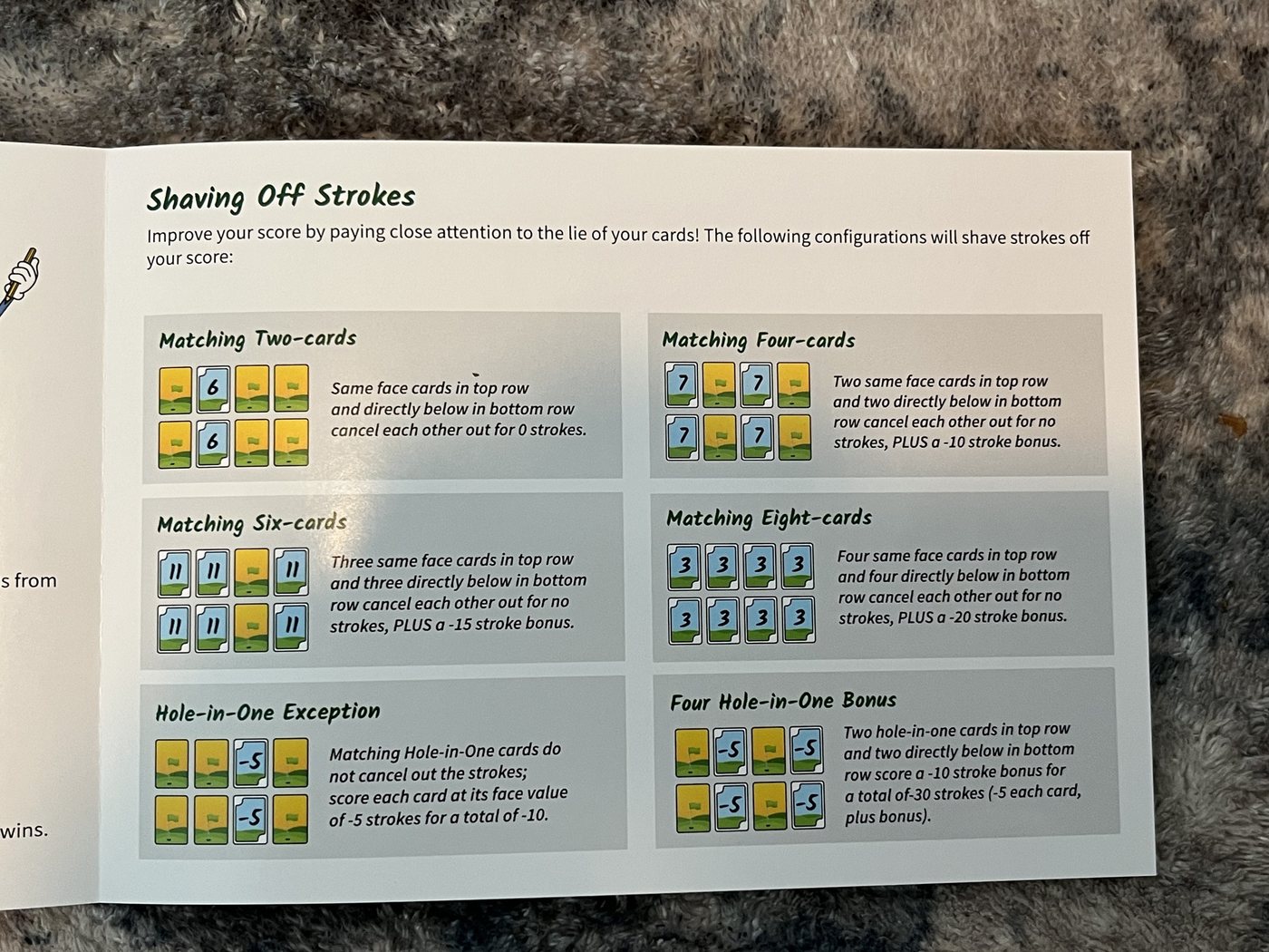 The Shaving Off Strokes page of the Play Nine rulebook listing the matching bonuses