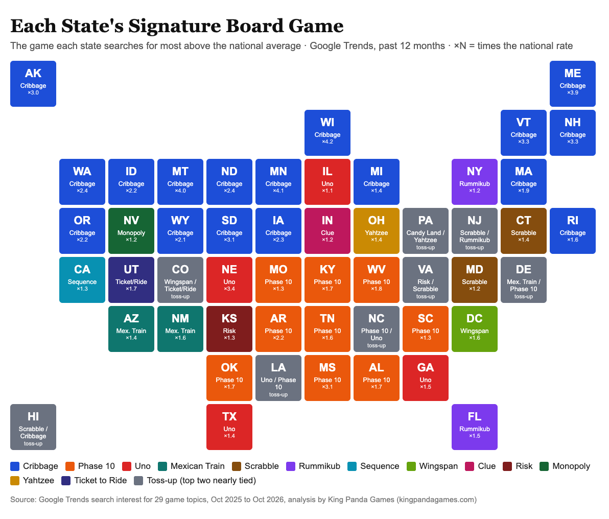 Map of each US state's signature board game based on Google search interest